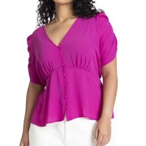 Eloquii Fuchsia Button-Front Short Sleeve Peplum Blouse